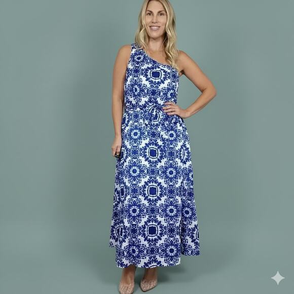 Talbots Blue and White One Shoulder Maxi Dress - Picture 4 of 10